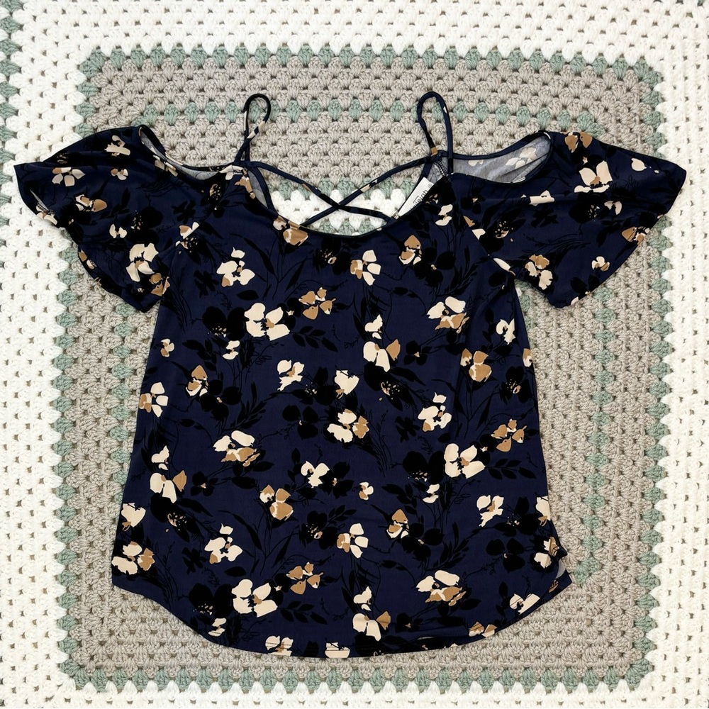 Kaileigh Navy Off Shoulder Floral Top, Women Sz S, Back Criss Cross Design - Picture 4 of 11